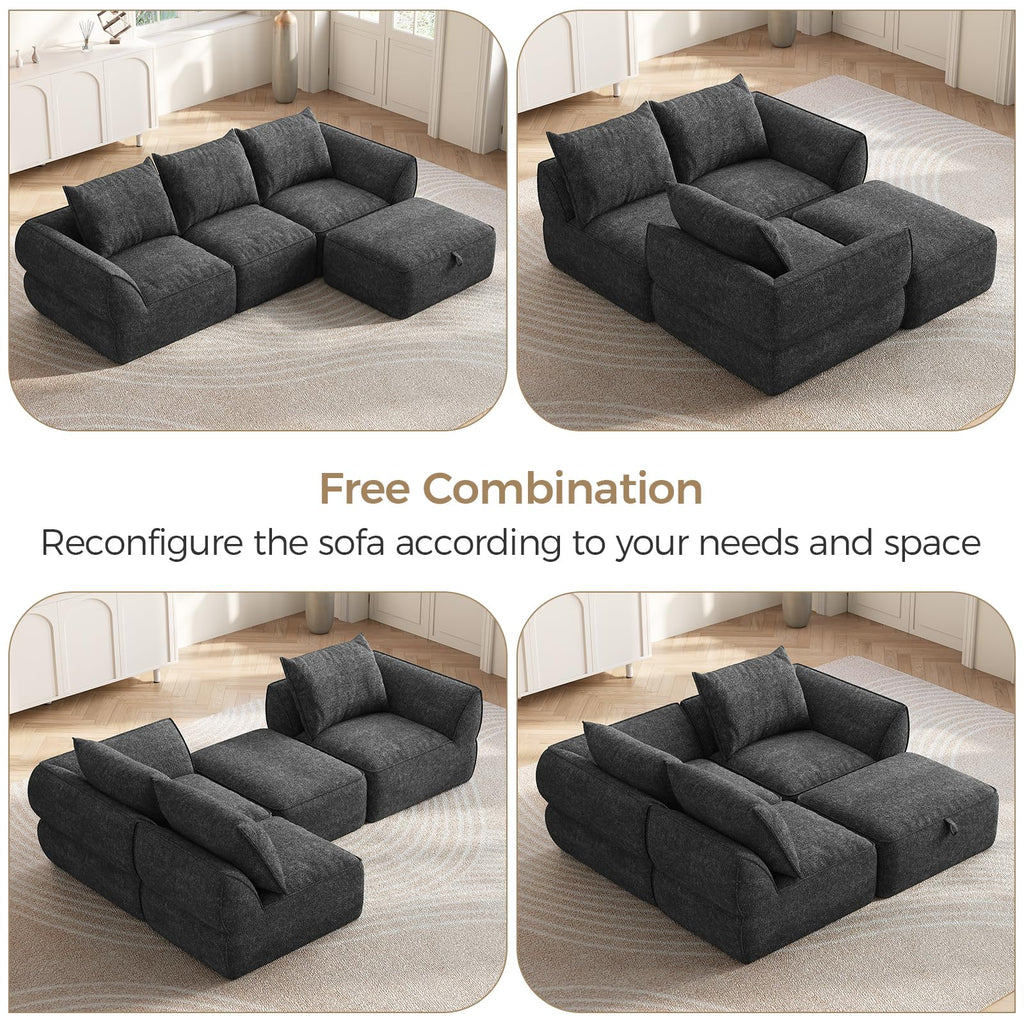104" Modular Sectional Sofa with Deep Seat, Comfortable Upholstery L Shaped Cloud Couch for Living Room, 3-Seater Boneless Sofa with Movable Ottomans, Removable Cover, No Assembly Required, Dark Gray