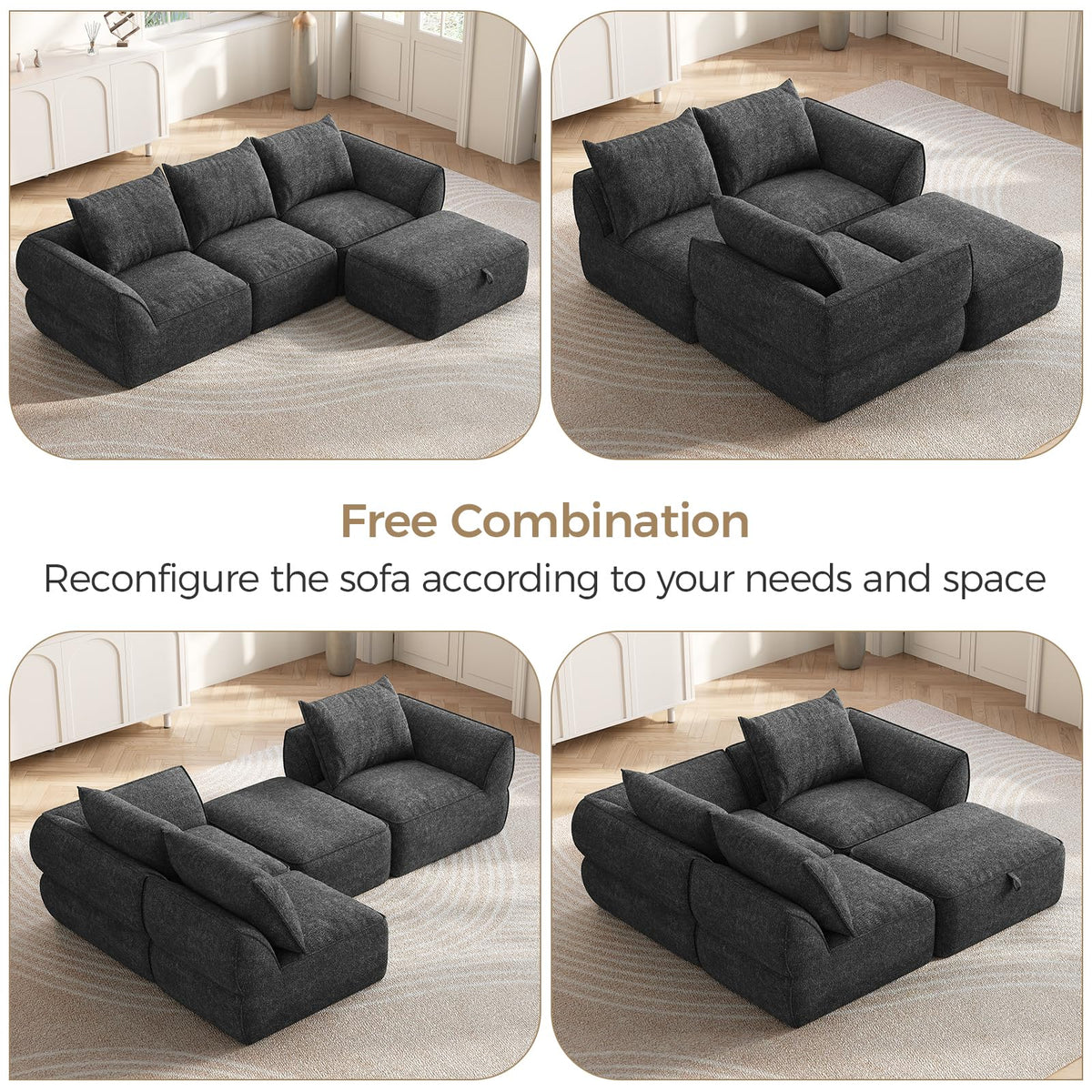 104" Modular Sectional Sofa with Deep Seat, Comfortable Upholstery L Shaped Cloud Couch for Living Room, 3-Seater Boneless Sofa with Movable Ottomans, Removable Cover, No Assembly Required, Dark Gray