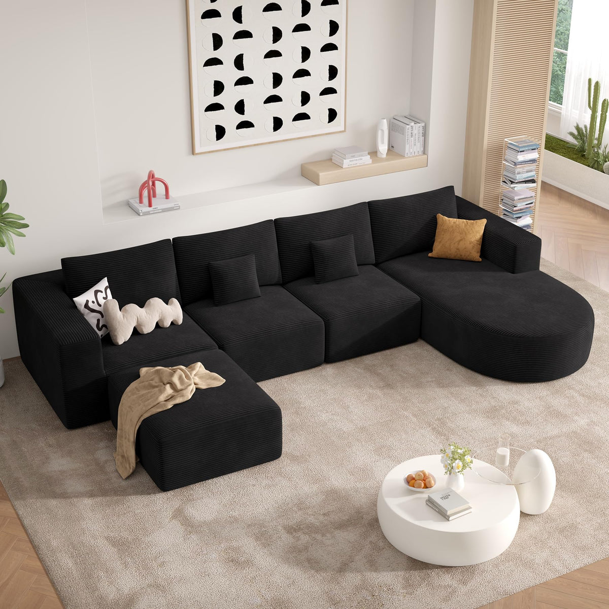 134" Boneless Couches for Living Room,Large U-Shaped Modular Sectional Sofa with Convertible Ottoman,Modern Cozy Cloud Couch in a Box,Sponge Compression Deep Seat Sofas with Chaise,Black