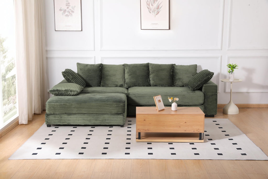 108.6" Sectional Sofa, Thickened Corduroy Sectional Couches for Living Room,Comfortable L Shaped Chaise Sectional Sofa with Storage Ottoman,Eight Throw Pillows,Green