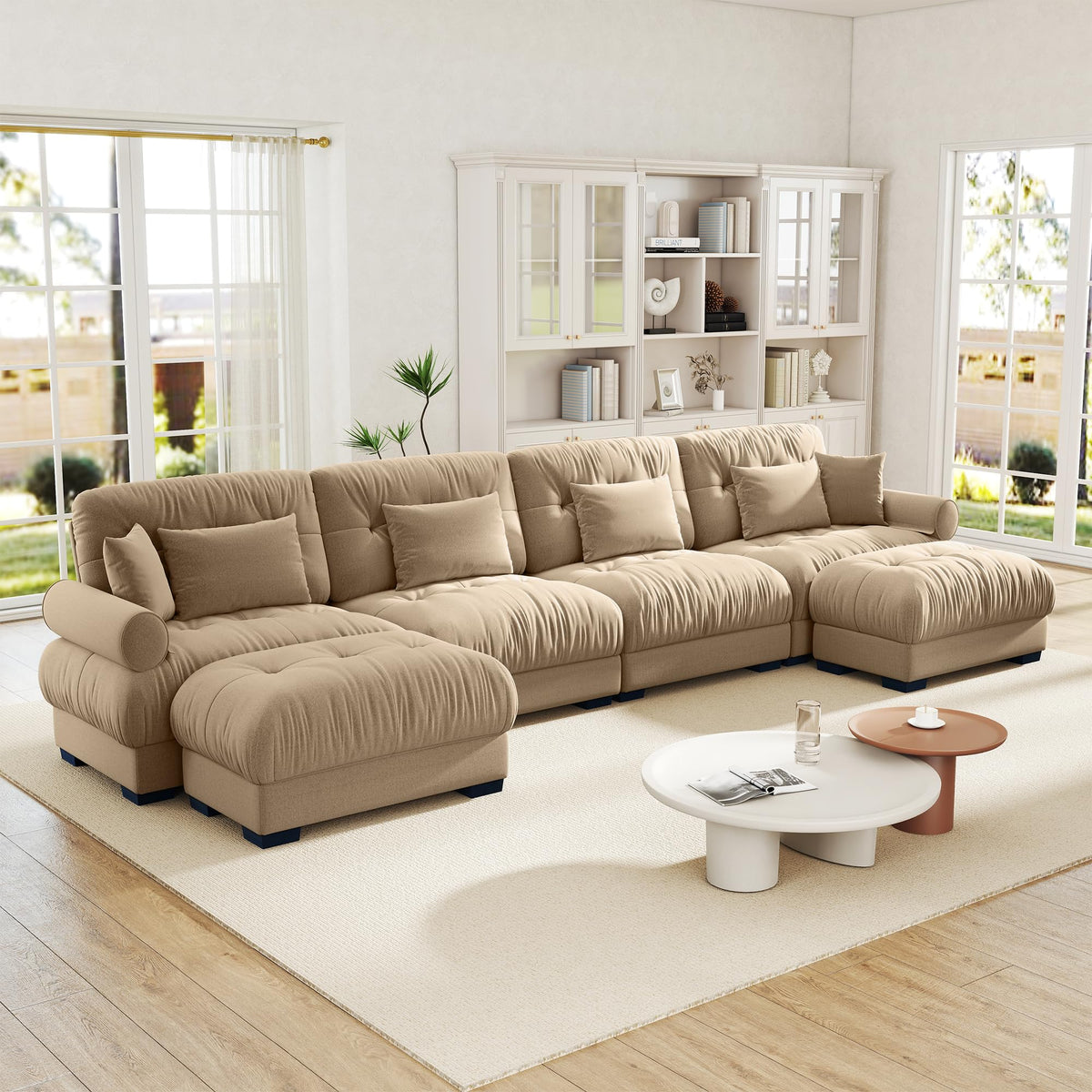 Velvet Modular Sectional Sofa,130" W Oversized U Shape Cloud Couch with 2 Ottomans,Free Combined 3 Seater Comfy Sofa with Bolster Armrest Pillows,Green for Living Room
