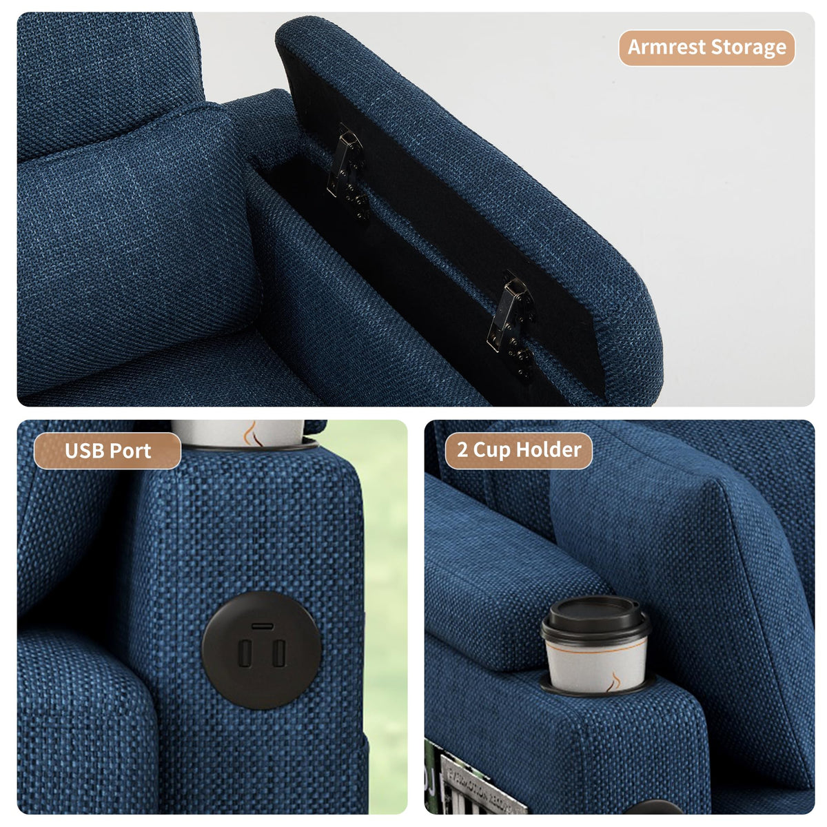 104.7" Sleeper Sofa Bed with Pull Out Bed, U-Shaped Sectional Couch with Storage Chaise, USB & Type-C Charging Ports, Cup Holders, Convertible Sofa for Living Room Apartment (Blue-4-seat, 104.7")