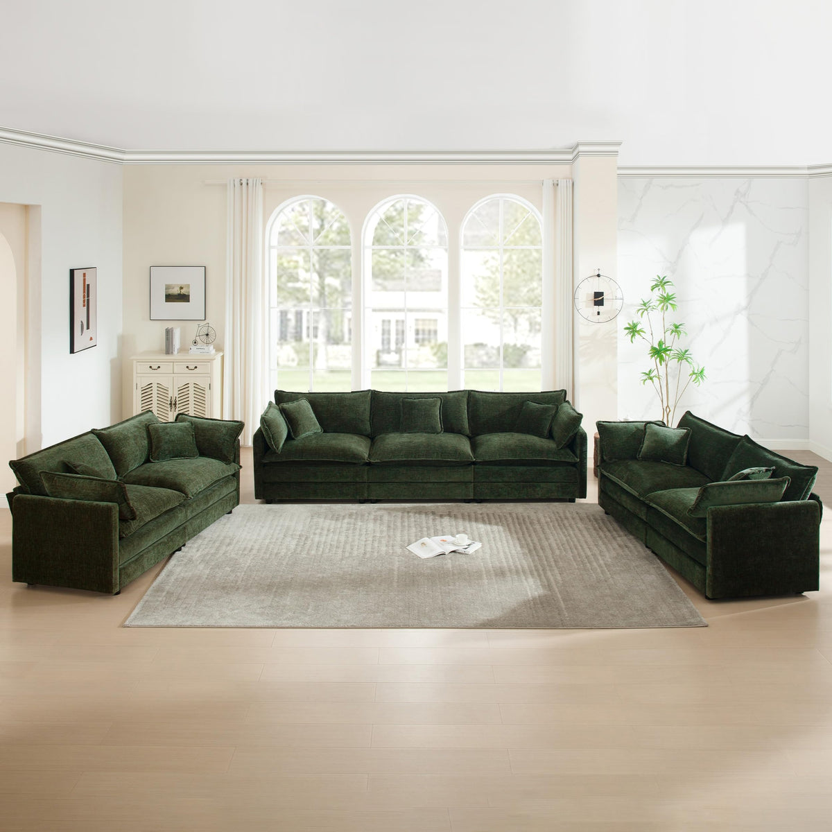 White Modular Sectional Sofa 3-Piece Set, Modern Deep Seat Chenille Couch, Loveseat, Single Sofa, Oversized Modular Couch for Living Room