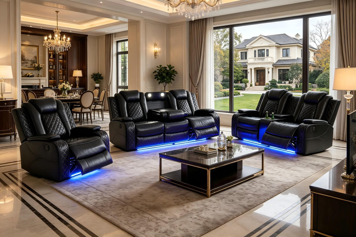A Ainehome Power Leather Recliner Sofa Set with LED Lights, Recliner Sofa Sectional Couches for Living Room, Reclining Sofa, loveseat, Chair with USB Port/Storage Console/Cup Holder(black,3-piece set)