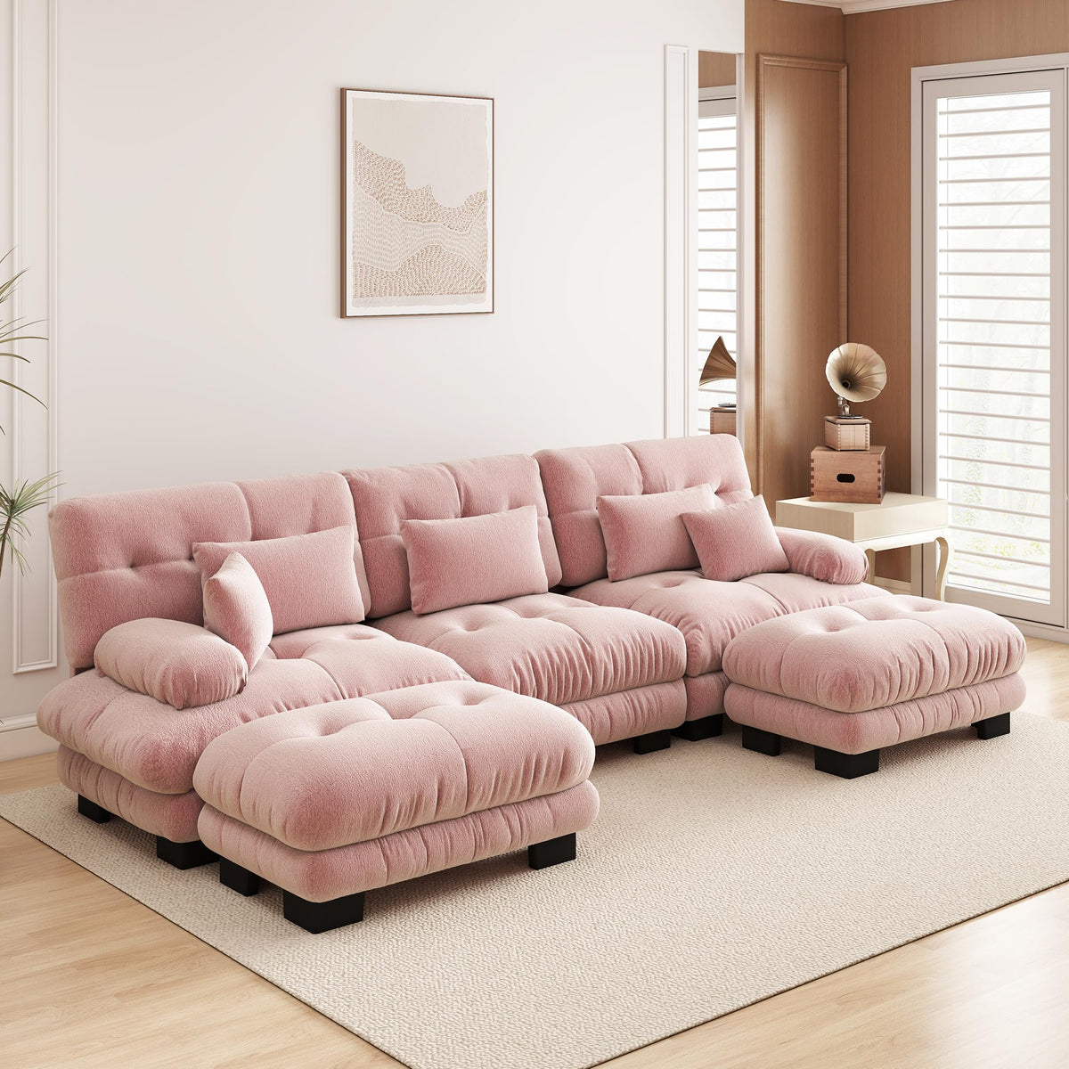 Velvet Modular Sectional Sofa,130" W Oversized U Shape Cloud Couch with 2 Ottomans,Free Combined 3 Seater Comfy Sofa with Bolster Armrest Pillows,Green for Living Room