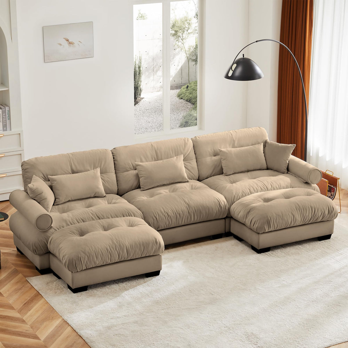 130" Modular Sectional Sofa,Velvet Upholstered Couches for Living Room,3 Seater Green Sofa Couch with Movable Ottoman,Big Comfy Loveseat Sofa with Deep Seats for Living Room,Apartment,Bedroom
