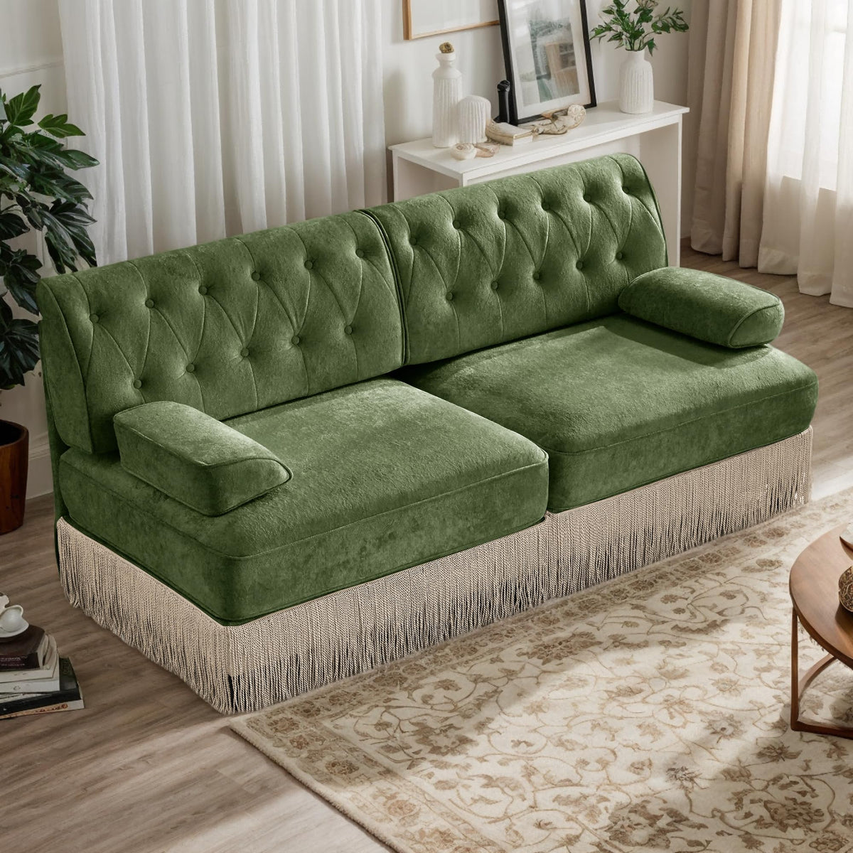 106'' Modern Chesterfield Style 3-Seater Sofa with 2 Ottoman, Upholstered Velvet Modular Sectional Sofa with Button Tufted, U Shape Deep Seat Cloud Sectional Couches for Living Room (Green)