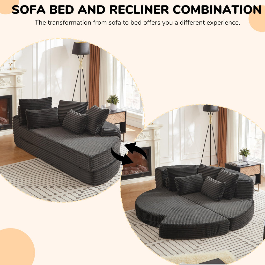 78.5 Inch Corduroy Circular 2 in 1 Sofa Bed, Designer Recliner with Neck Pillow and Five Throw Pillows in Living Room IW271