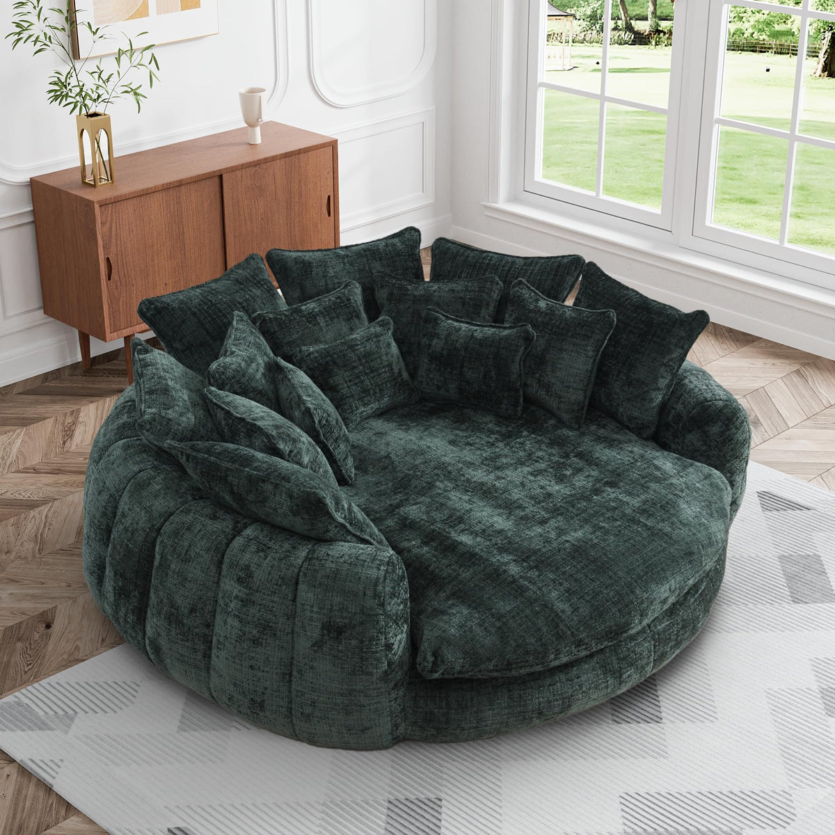 Wrofly 81.1" W Oversized Round Chaise Lounge, Fluffy Lazy Bean Bag Sofa with 14 Pillows, Comfy Chenille Upholstered Barrel Sleeper Bed, Modern Deep Seat Cloud Couch for Living Room, Emerald