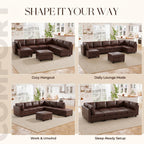 128" Faux Leather Modular Sectional Sofa with Storage, 8 Seater Waterproof & Scratch Resistant Leather Sectional Sofa, U Shaped Couch with Storage, Oversized Brown Sectional Couches for Living Room