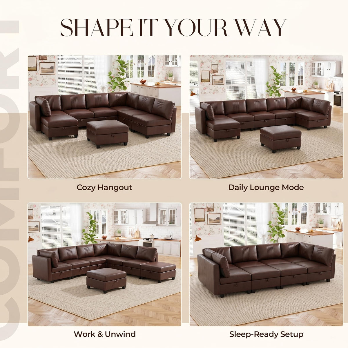 128" Faux Leather Modular Sectional Sofa with Storage, 8 Seater Waterproof & Scratch Resistant Leather Sectional Sofa, U Shaped Couch with Storage, Oversized Brown Sectional Couches for Living Room