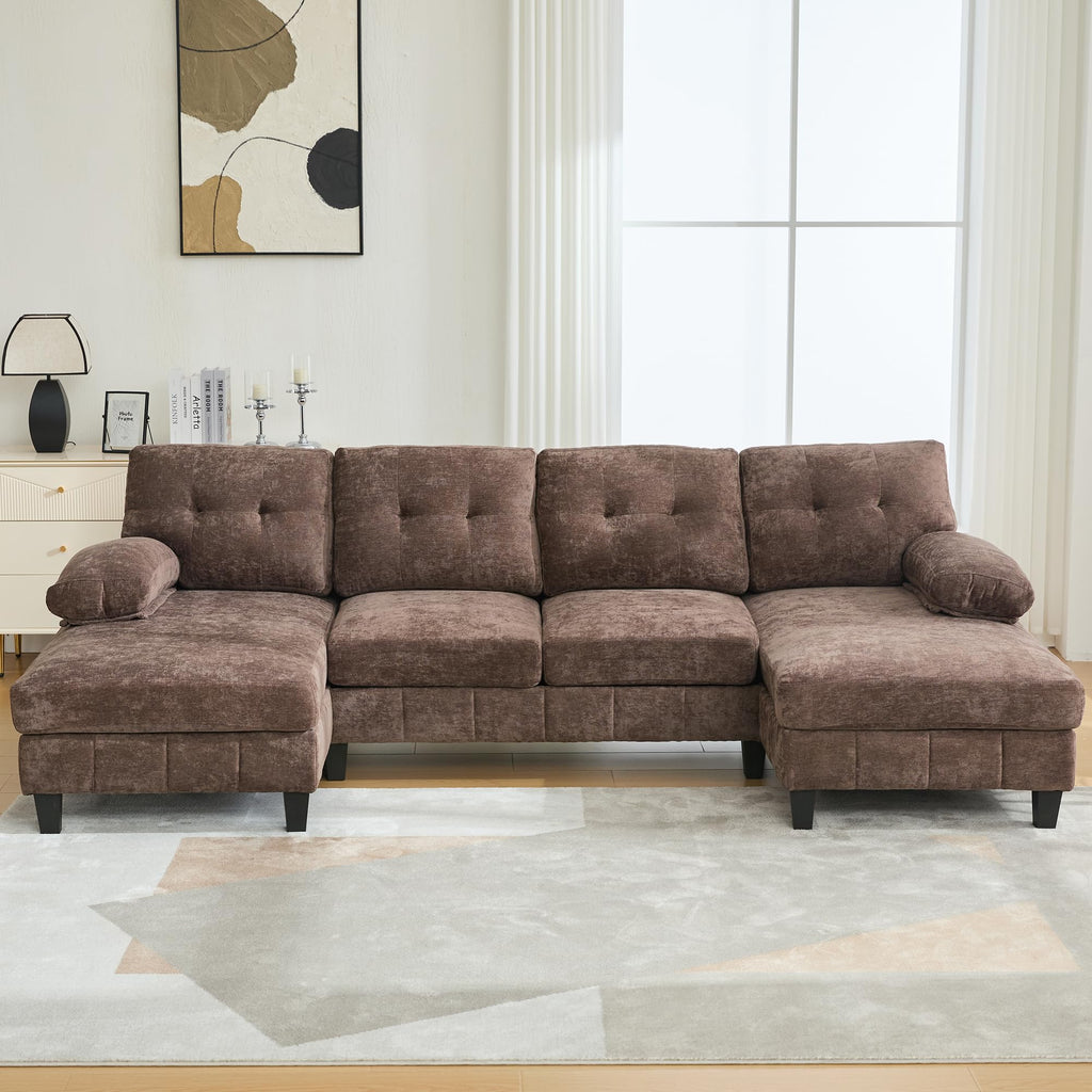 U Shaped Sectional Sofa 103.5" Chenille Fabric Couch with Dual Chaise Lounges, Storage Pockets and Armrest Pillows for Living Room, Brown