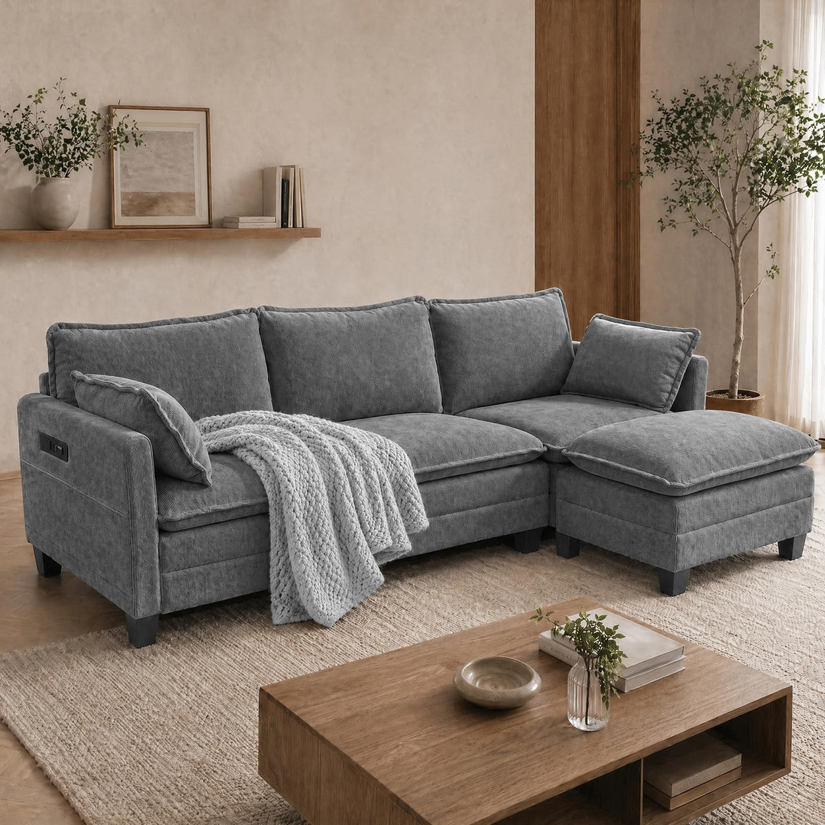 108" Modular Sectional Sofa Cloud Couch - U Shape Sofa with Charging Station Side Storage - Chenille Comfy Couches with Ottoman Movable for Living Room Bedroom Apartment Office, Dark Grey