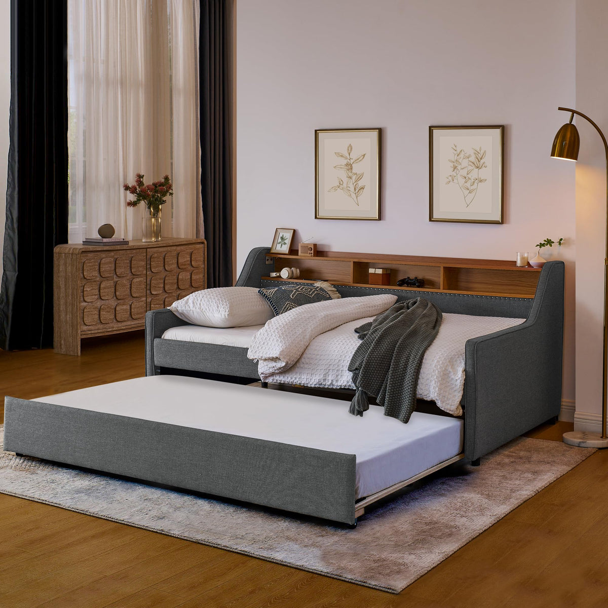 Twin Size Upholstery Sofa Bed with Three LED Lights, with Storage Adjustable Headboard, with Foldable Leg Pull up Trundle Bed and Wireless Charging, Linen Padded Sofa Bed Frame, Grey