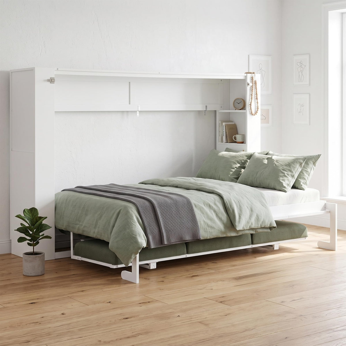 Wood Murphy Bed with Sofa, 4 Storage Shelves and USB Charging Station