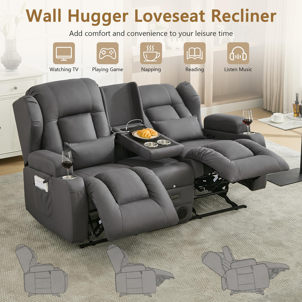 URRED Manual Loveseat Rocker Recliner Sofa with Console，Dark Gray