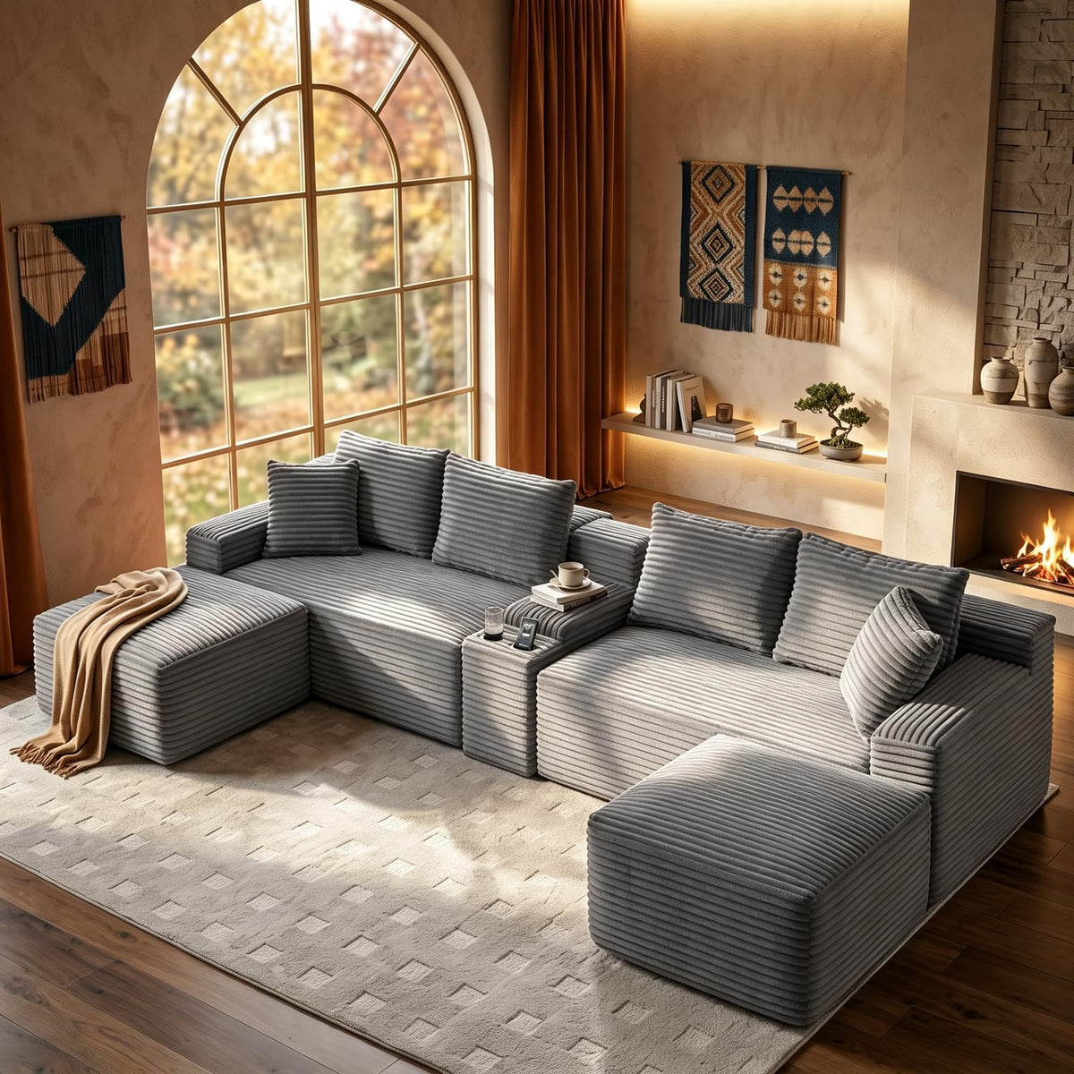 127" U-Shaped Cloud Sectional Modular Boneless Couch with Console，Black
