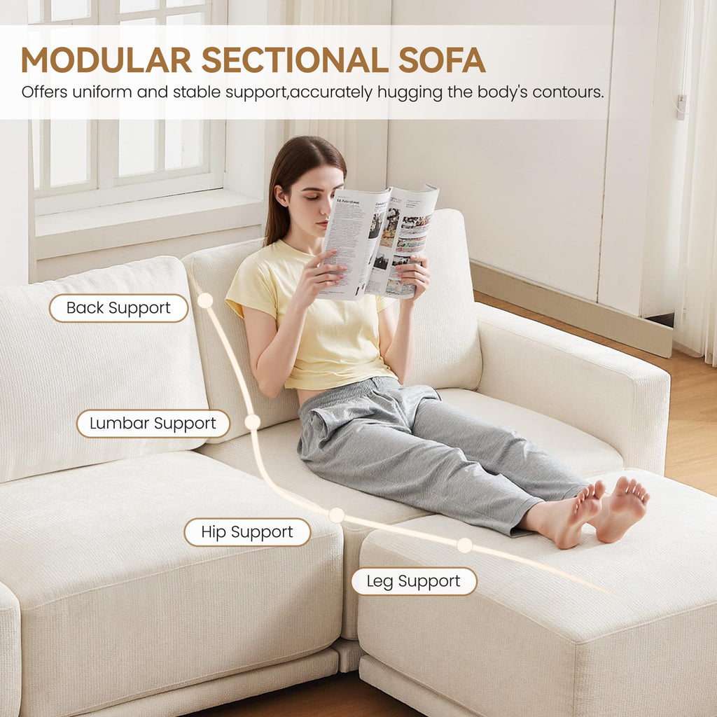 110.6" Modular Sectional Sofa with Ottoman, Upholstered L Shaped Sectional Couch with Thick Cushions, Oversized Chenille Comfy 4 Seater Sofas for Living Room, Easy Assembly, White