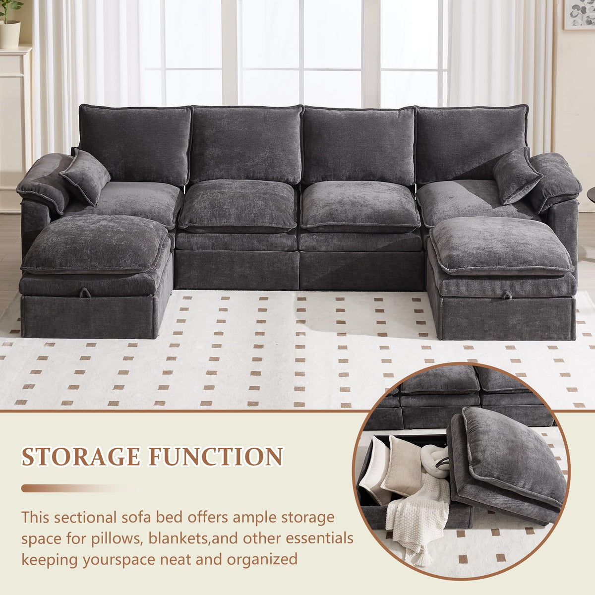 130" Modular Sectional Sofa with Storage, Premium Chenille Cloud Couch with Movable Ottomans, 1200lbs Heavy Duty Deep Seat Sectional, High-Density Foam (Gray, 4 Seater & 2 Ottoman)