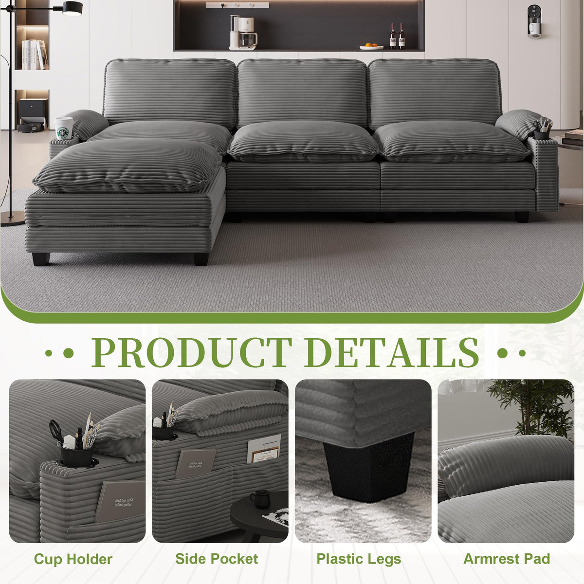 113" 3+1 L Shaped Corduroy Fabric Sofa,Modular Sectional Cloud Couch W,Ottoman,35D High Resilience SpongeDouble Layer Thick Cushion,Cup Holders,Storage Bags,Couches for Living Room,Apartment. AK164