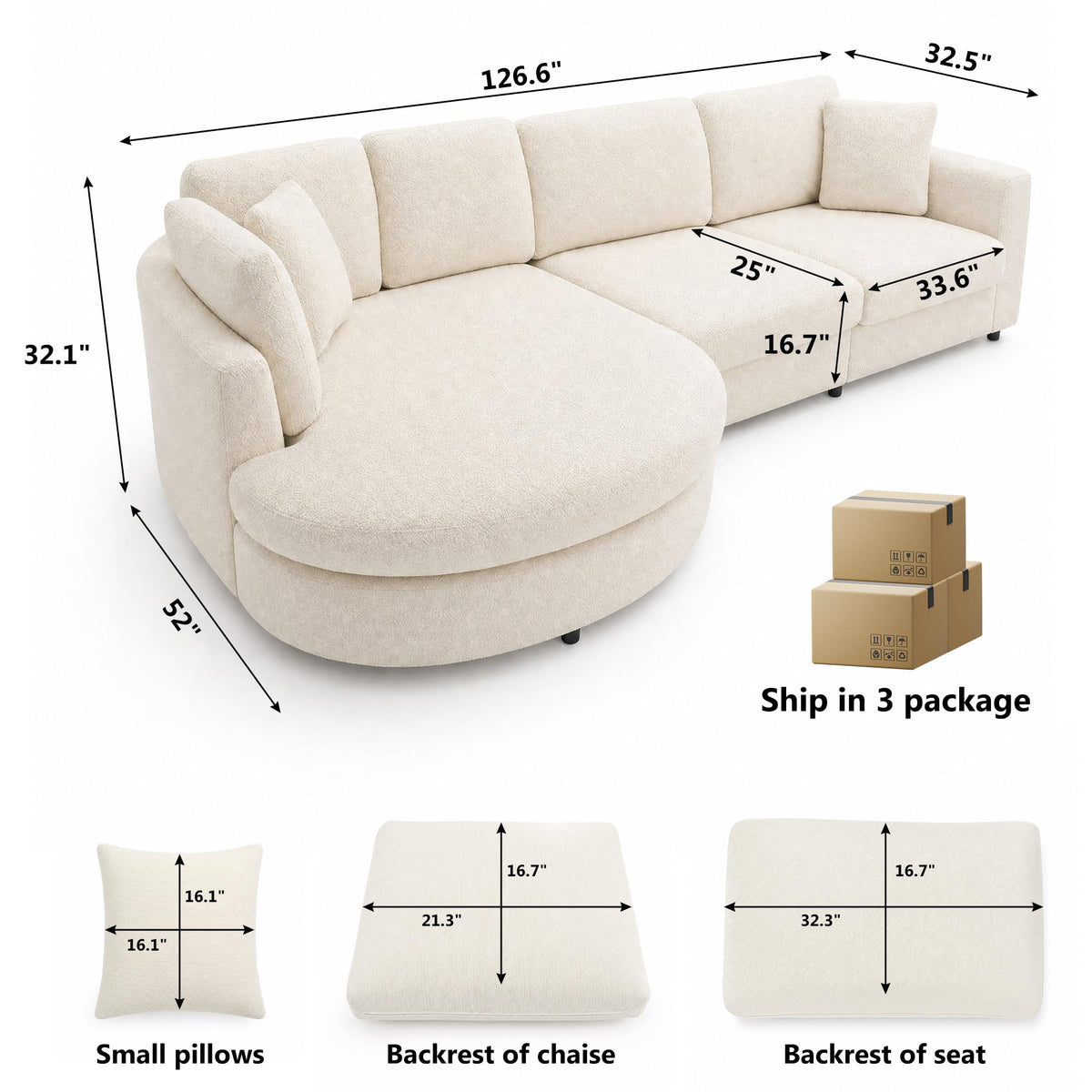 XVD 126.6" Modern Curved Couches for Living Room, Oversized Sectional Cloud Couch with 51" Large Round Chaise, 4 Seater Deep Seat Couch with 2 Pillows, Fabric L Shaped Sofa for Apartment (Beige)