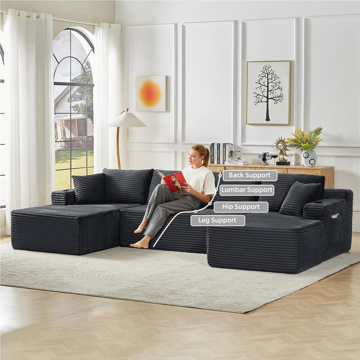 134 Inch Cloud Sectional Couch with L-Shape Chaise,Modern Upholstered Couches with Deep Seat,Corduroy Sponge Compressed Sofa for Living Room, Bedroom,No Assembly Required (Dark Gray, U-Shaped Sofa)