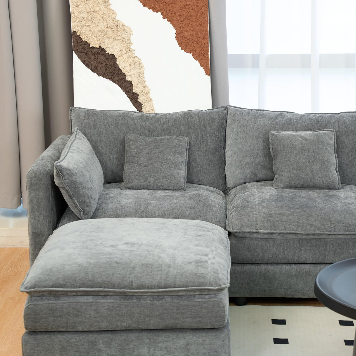 U Shaped Sectional Cloud Couch for Living Room,144" Comfy Fluffy Modular Sofa with Movable Ottoman Chenille 6 Seat Sectional Sofa Set with Storage Box, Cup Holders, Grey YP434