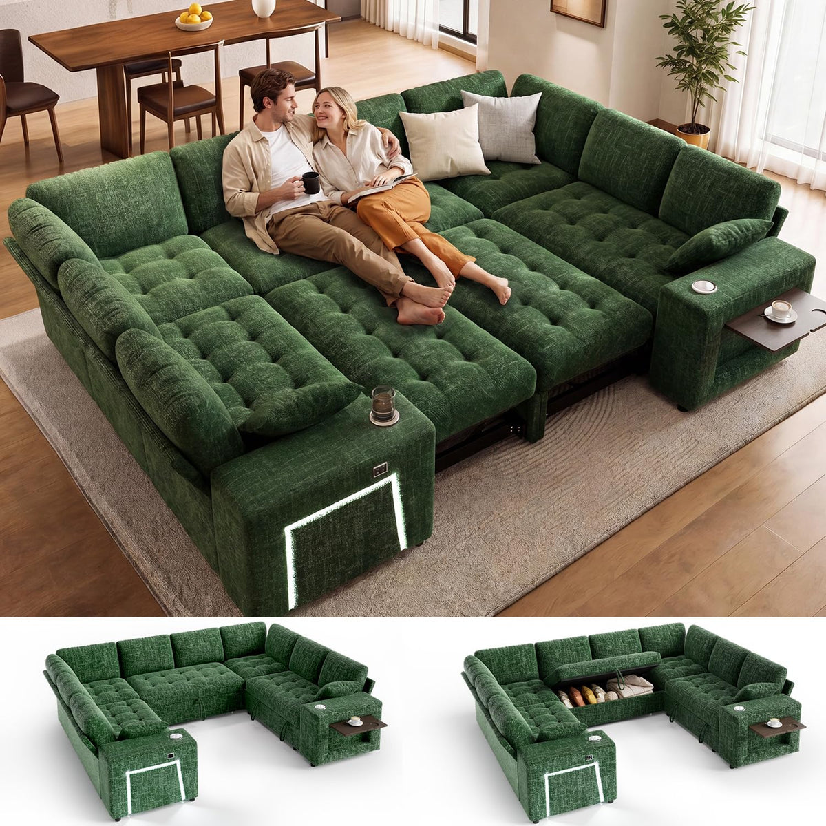 Vipbear 111" Sofa Bed, 7 Seat Modular Sectional Sleeper Sofa with Pull Out Bed, Chenille L Shaped Couch with Storage Ottoman|Cup Holders|Side Table|LED Light|USB Ports, Easy Assembly, Green