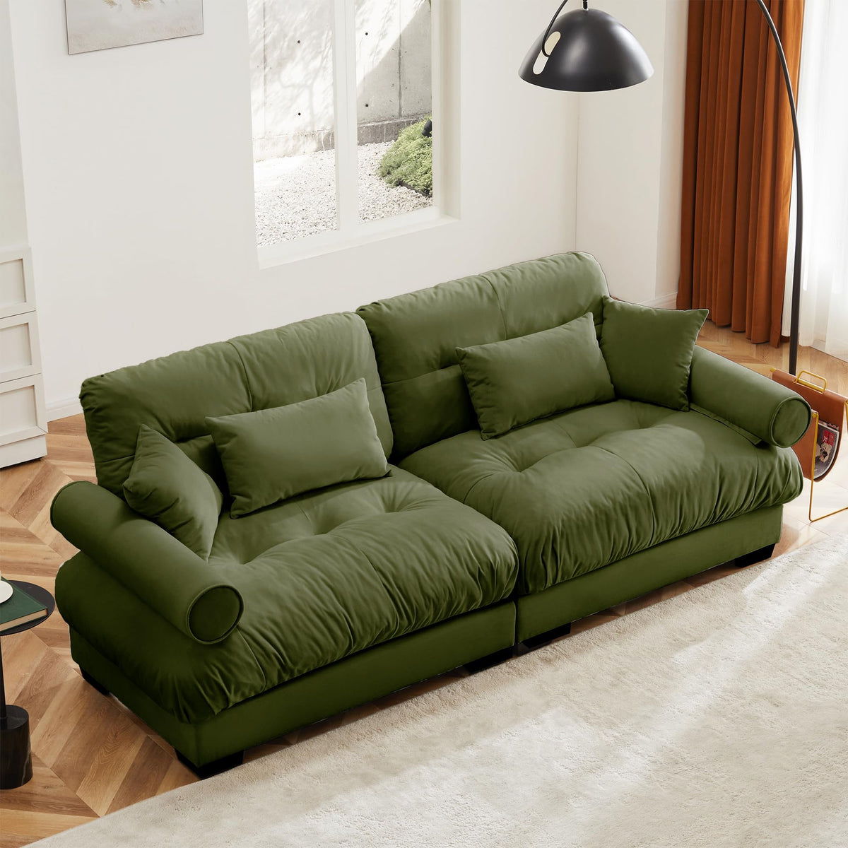 130" Modular Sectional Sofa,Velvet Upholstered Couches for Living Room,3 Seater Green Sofa Couch with Movable Ottoman,Big Comfy Loveseat Sofa with Deep Seats for Living Room,Apartment,Bedroom