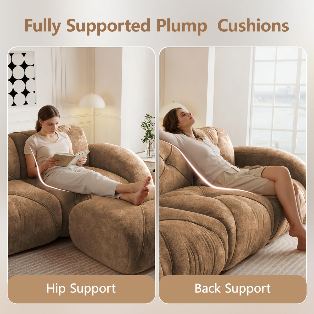 110.6" U Shaped Boneless Couch with Ottoman, Convertible Modular Sectional Cloud Sofa, Deep Seat 5 Seater Velvet Couch, 32D High Density Foam Sofas for Living Room, No Assembly Required, Camel