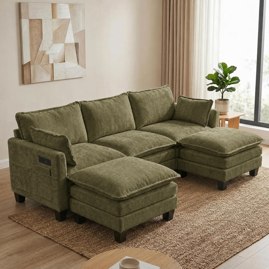 108" Modular Sectional Sofa Cloud Couch - U Shape Sofa with Charging Station Side Storage - Chenille Comfy Couches with Ottoman Movable for Living Room Bedroom Apartment Office, Green