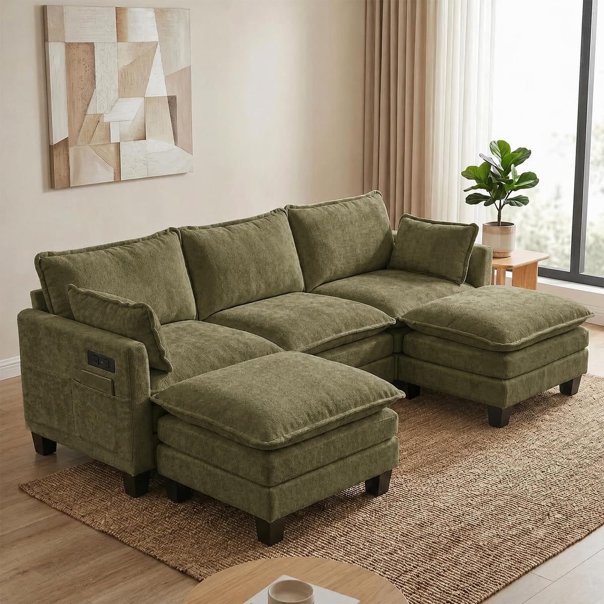 108" Modular Sectional Sofa Cloud Couch - U Shape Sofa with Charging Station Side Storage - Chenille Comfy Couches with Ottoman Movable for Living Room Bedroom Apartment Office, Green
