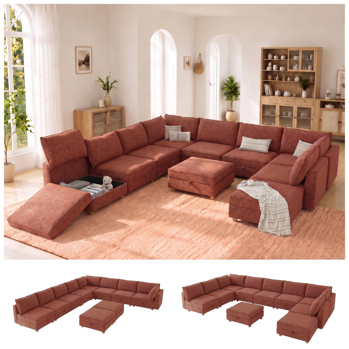 128'' Modular Sectional Sofa,8 Seat Chenille Sectional Sofa with Washable Covers,FSC Certified Modern Sectional Sofa with Storage & Ottoman,Convertible U/L Shaped Couch,Beige Couches for Living Room