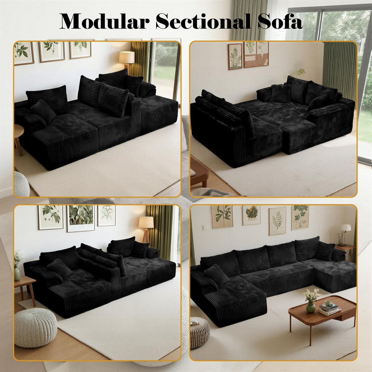 130" Boneless Couch, U Shaped Corduroy Cloud Modular Sectional Sofa Black