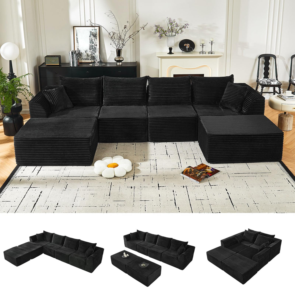 130" Modular Sectional Sofa with Ottoman, U-Shaped Corduroy Couch