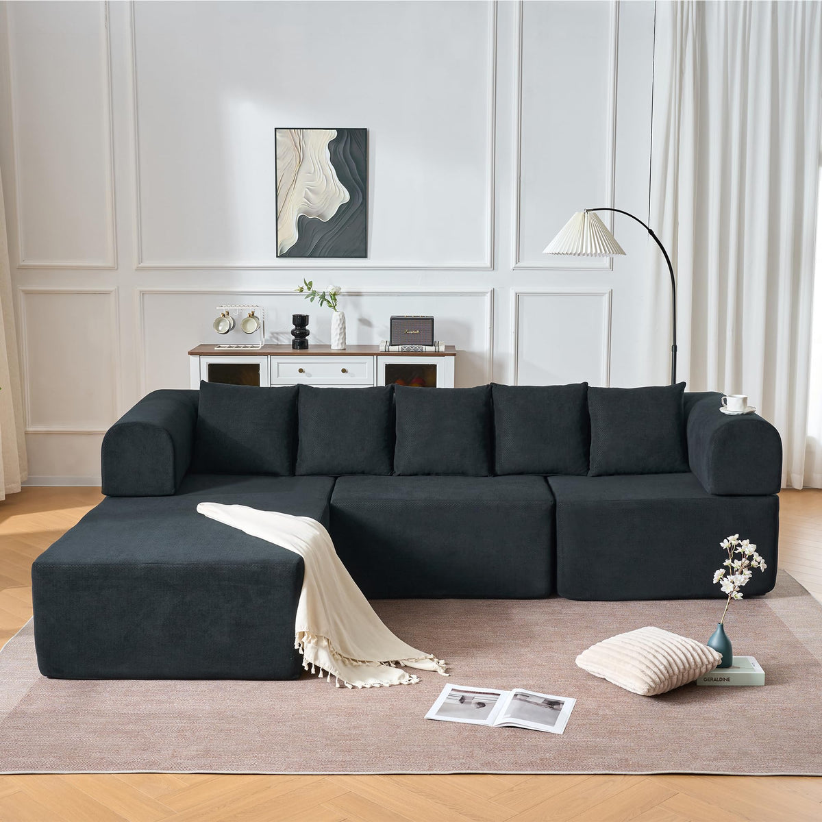 106" Modular Sectional Sofa,L Shaped Cloud Sectional Couch with Deep Seat,Velvet Boneless Couch with Movable Chaise 5 Pillows,Compressed Sofa for Living Room,No Assembly Required,Black