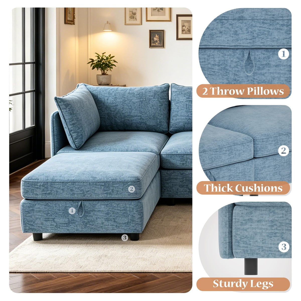 129” Modular Sectional Sofa, Convertible 6 Person U Shaped Couch with Storage, 2 Removable Ottomans & Deep Seats, Memory Foam, Comfy Modular Couch for Living Room (Antique Blue, 6 Seat)