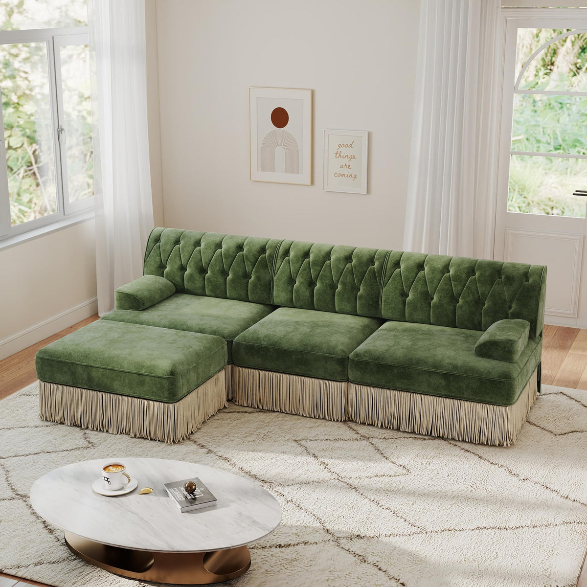 Unique Chesterfield Style Modular Sectional Sofa, 135.6” L-shaped Boneless Sofa with Velvet Fabric, Floor-grazing Tassel Fringe Skirt and Button Tufted Design for Living Room, Easy to Assemble, Beige