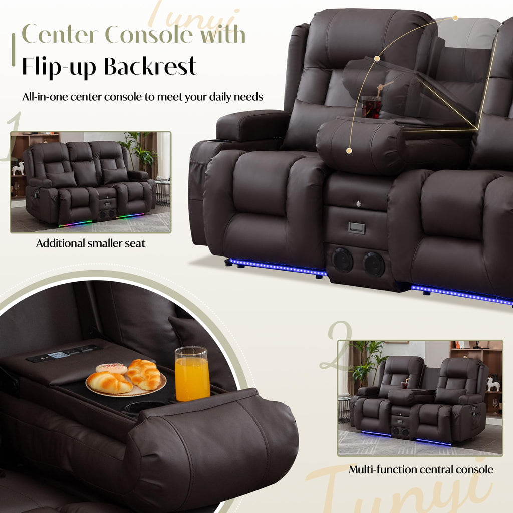 TUNYI Power Loveseat Recliner Sofa, Faux Leather Reclining Sofa with Console RV Reclining Loveseat Couch with USB/Outlet/Storage/Side Pocket/LED Light/Speaker (Brown, Loveseat)
