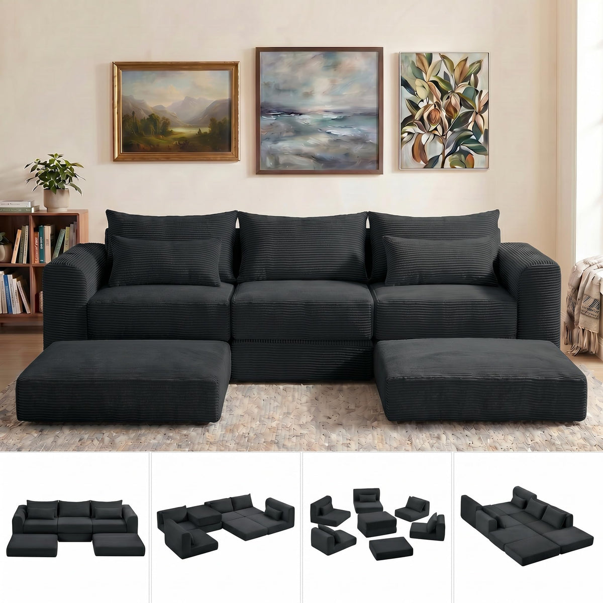 100" Sectional Boneless Couches Set for Living Room, Movable L Shaped Upholstered Modular Couch with 5 Pillows, DIY Combination Cloud Sofa for Apartment & Bedroom, Camel