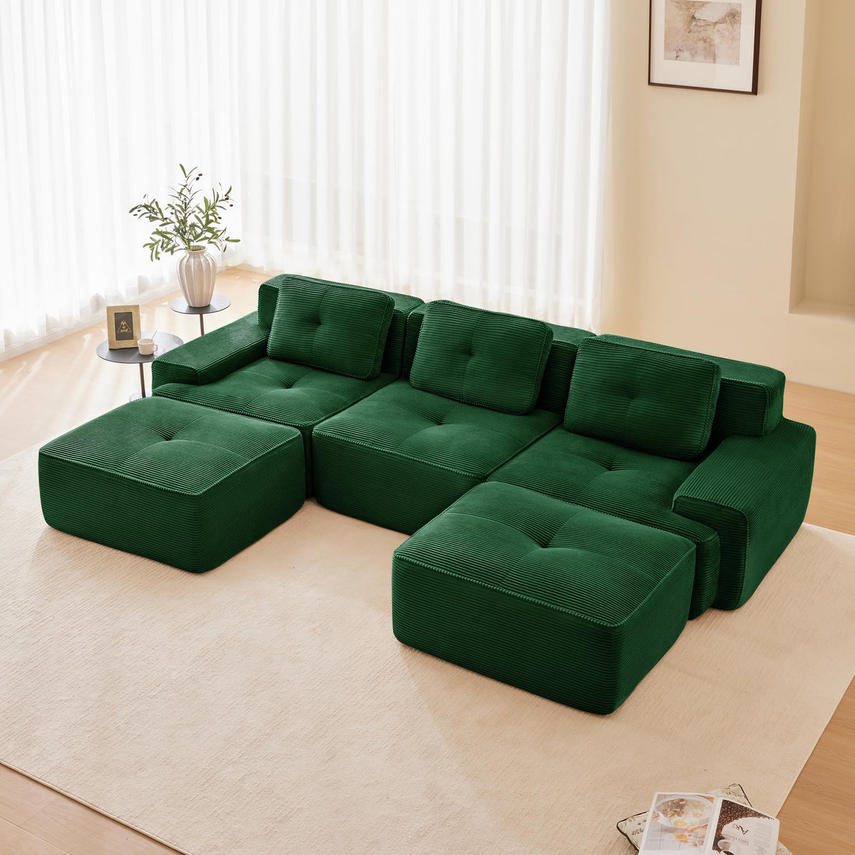 Tidyard 11? Modern U-Shaped Modular Sectional Sofa for Living Room, Corduroy Fabric 3-Seater with Movable Ottoman, Deep Seat, Tufted Design, No Assembly, Anti-Slip Base, Green