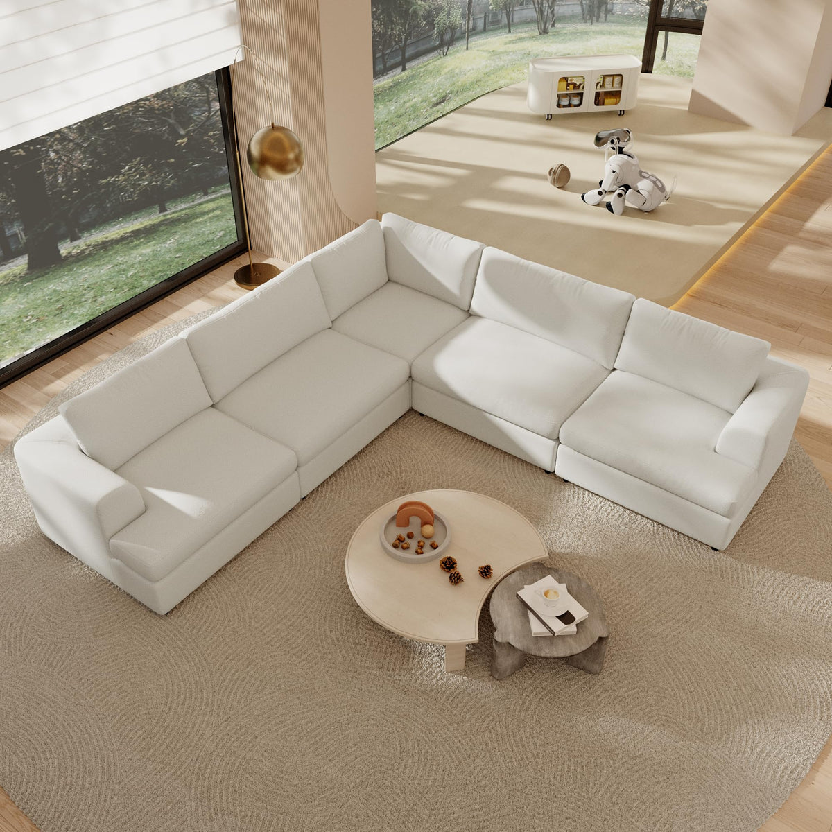 118" V Shape Sectional Sofa Couch, Modern Modular Boucle Cloud Couch with Flexible Layout, Oversized Comfy Upholstered Modular 5-Seats Sectional Couch, White
