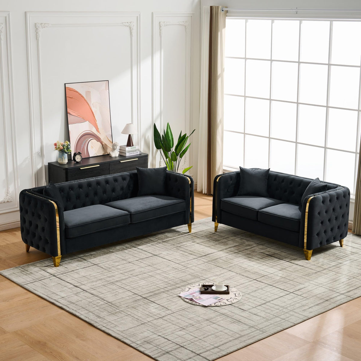 Velvet Chesterfield Sofa Set of 2, Mid Century Modern Deep Seat Loveseat + 3 Seater Couch with Golden Legs and Button Tufted, Upholstered Comfy Sofa with 2 Pillows for Living Room, Black Gold