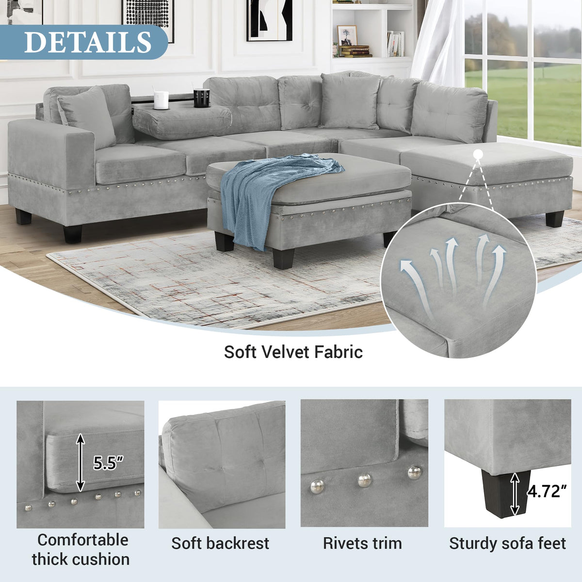 Velvet Sectional Sofa with Storage Ottoman Reversible Chaise L Shape Couch Modern Upholstered Sofa with Rivet Trim Pocket Spring Cushions Living Room Furniture 105.1" D 75.2" W, Gray