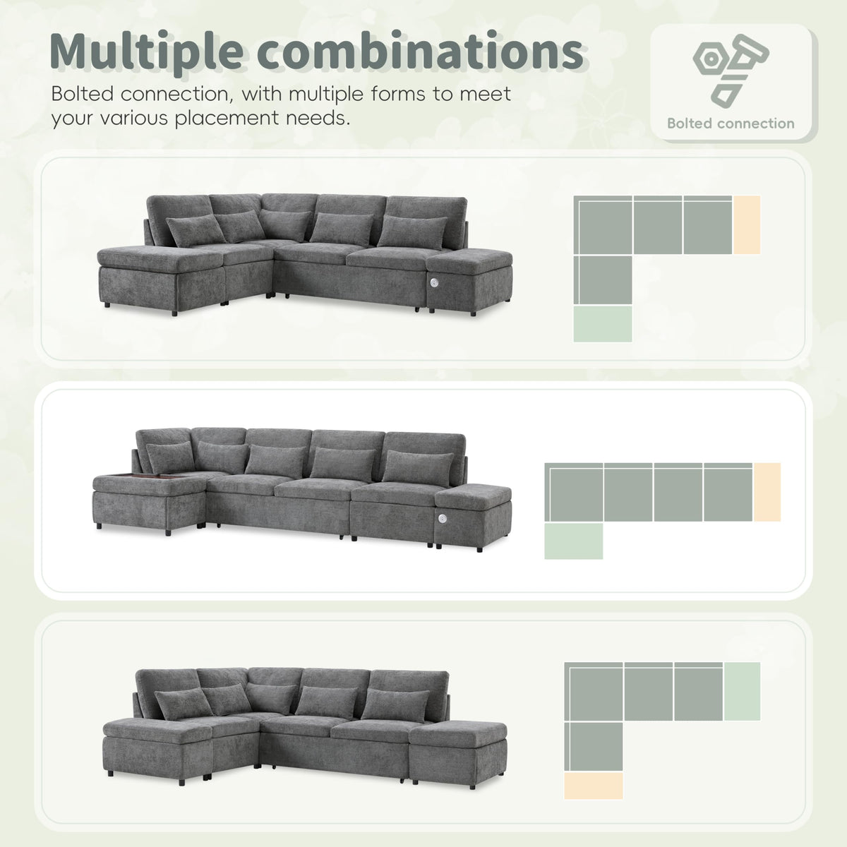 107'' Sectional Sleeper Sofa Bed with Pull Out Couch, Chenille L-Shaped Sofa with Adjustable Armrest, USB&Type-C Charging, Storage Ottoman, Free Combination for Living Room/Apartment, Gray