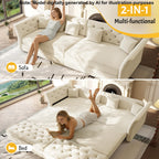 100'' Sleeper Sofa Bed California King, Velvet Chesterfield Couch, Beige