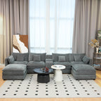 U Shaped Sectional Cloud Couch for Living Room,144" Comfy Fluffy Modular Sofa with Movable Ottoman Chenille 6 Seat Sectional Sofa Set with Storage Box, Cup Holders, Grey YP434