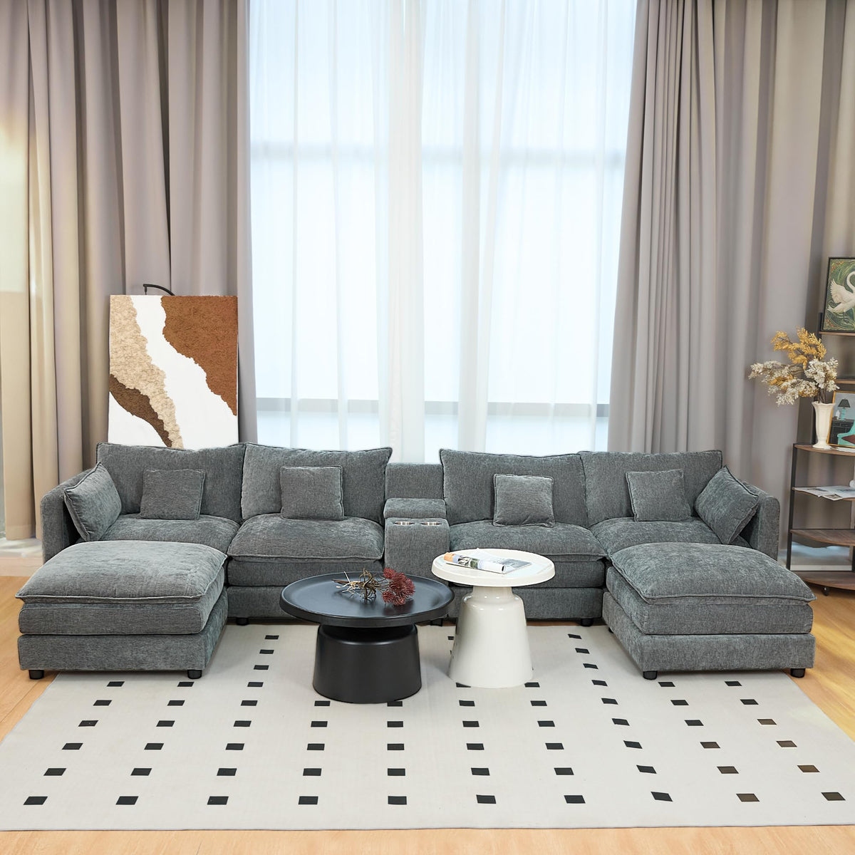 U Shaped Sectional Cloud Couch for Living Room,144" Comfy Fluffy Modular Sofa with Movable Ottoman Chenille 6 Seat Sectional Sofa Set with Storage Box, Cup Holders, Grey YP434