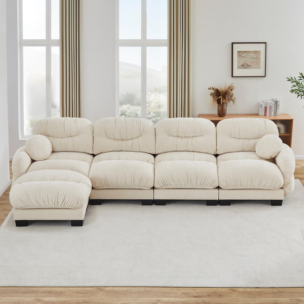 116" Cloud Modular Chenille L Shaped Sectional Sofa with Ottoman, Deep Seat Cloud Couch with Interlocking Metal Connectors for Modern Living Room (Beige, 3S+1O)