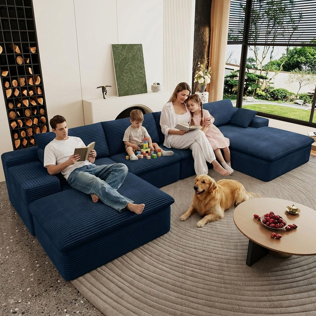 107" Cloud Couch Modular Sectional Couchs with Chaise Lounge, U-Shape Boneless Couches with Ottoman for Living Room, Corduroy Sofa with Deep Seat, No Assembly Required (Green, Left Facing Chaise)